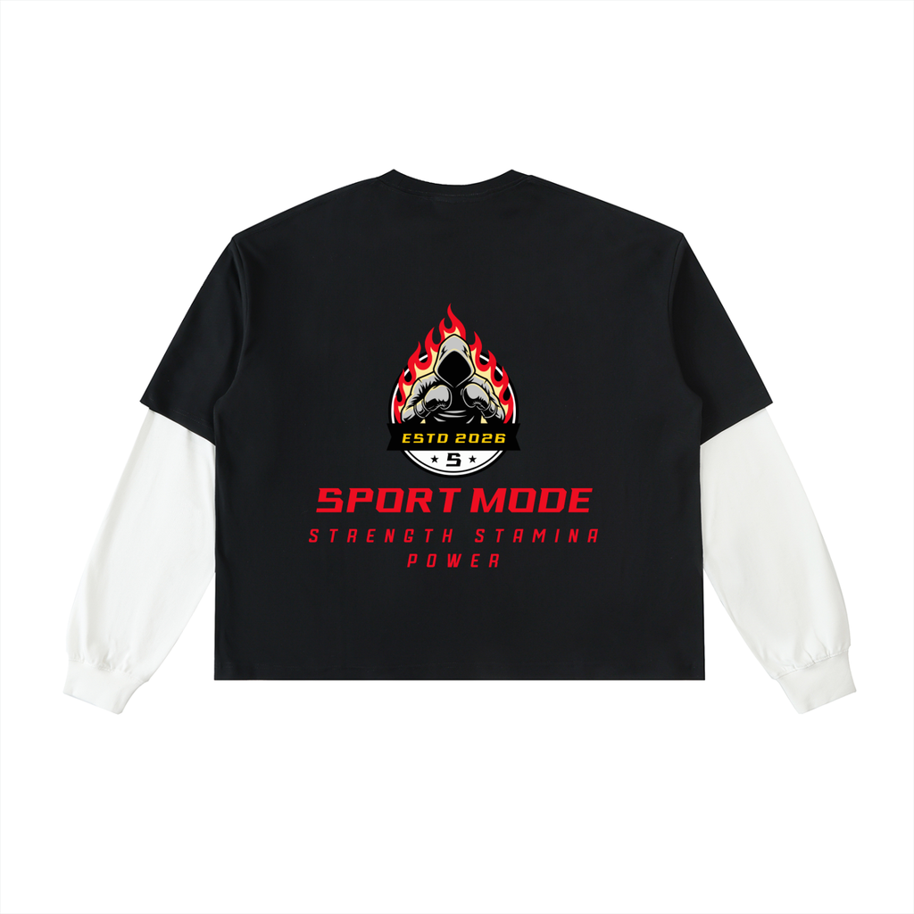 Lighting Sport Mode Layered Contrast Sleeve Cotton T-Shirt